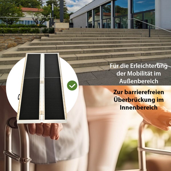 Zusammenklappbare Rollstuhlrampe zur Überwindung von Hindernissen