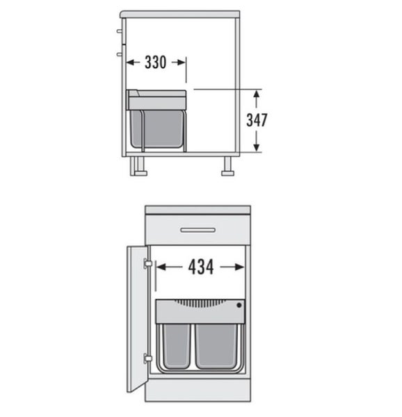 Technische Zeichnung eines Unterschranks mit Mülleimer und Maßangaben