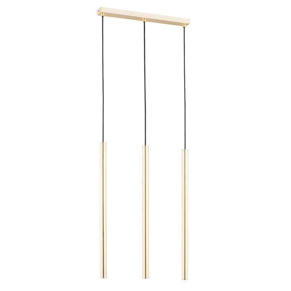 Moderne dreiflammige Pendelleuchte mit schlanken zylindrischen Metallschirmen und rechteckigem Deckenbaldachin