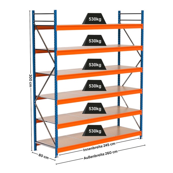 Industrieregal mit sechs Regalböden und Gewichtsangabe von 530 Kilogramm