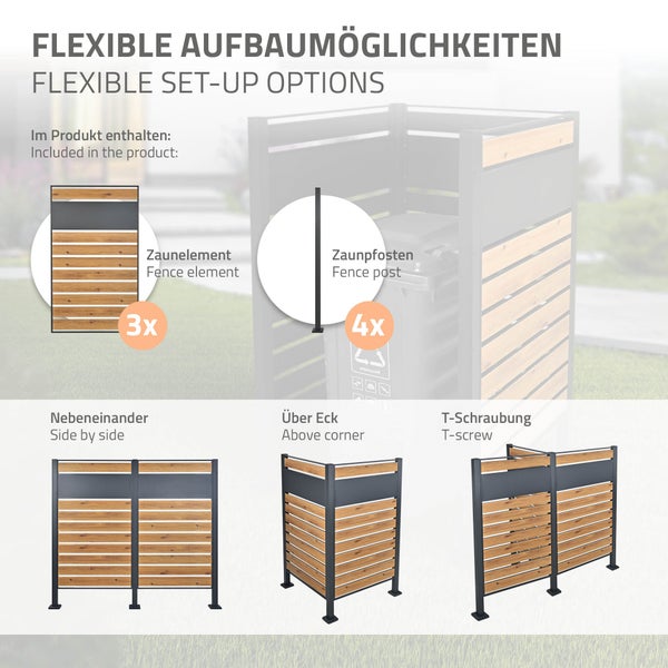ML-Design Mülltonnenzaun für 1 Mülltonne, Anthrazit-Holzoptik, aus Stahl, 91x91x150 cm, rostfrei, massiv, erweiterbar, Mülltonnenbox Mülltonnenverkleidung Mülltonnenaufbewahrung Garten Sichtschutz