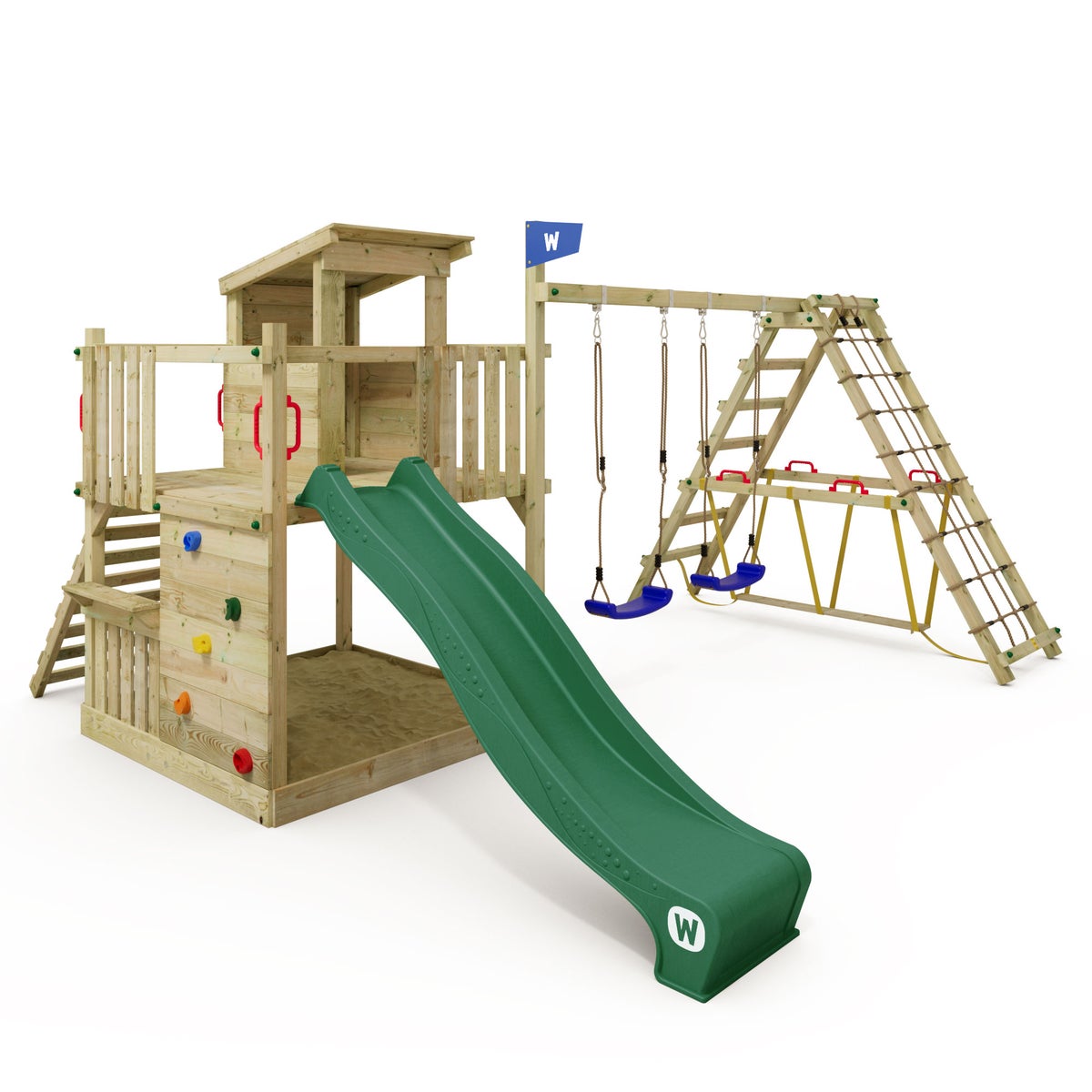 WICKEY Spielturm Klettergerüst Smart Nest mit Schaukel und Rutsche, Sandkasten, Surfswing mit Kletteranbau, Kletterwand und Spiel-Zubehör – grün