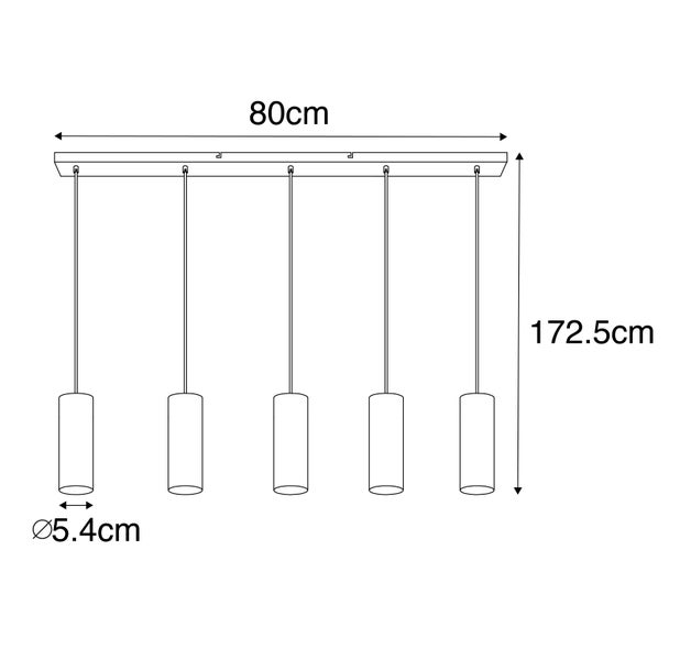 Maßzeichnung einer fünfflammigen Pendelleuchte: Breite 80 Zentimeter, Höhe 172,5 Zentimeter, Schirmdurchmesser 5,4 Zentimeter.