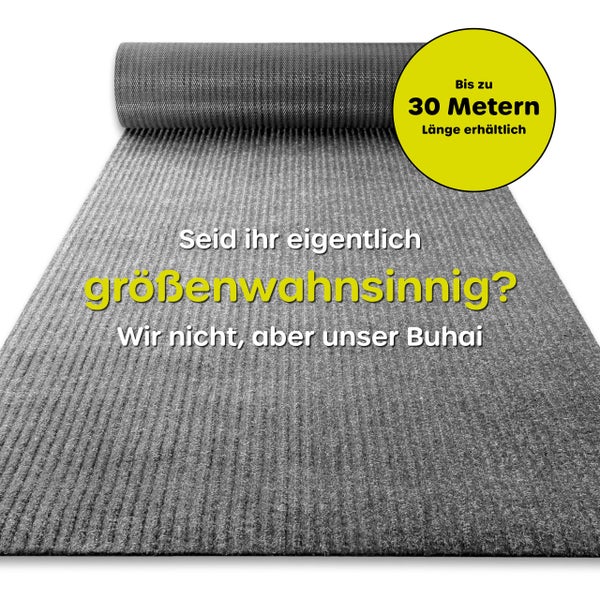 Grauer Teppichläufer mit Rippenstruktur, als Meterware in einer Länge von bis zu dreißig Metern erhältlich.