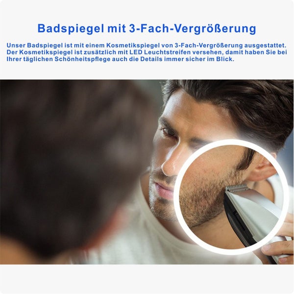 Badspiegel mit integriertem Kosmetikspiegel inklusive dreifacher Vergrößerung und LED Beleuchtung für eine detaillierte Gesichtspflege.