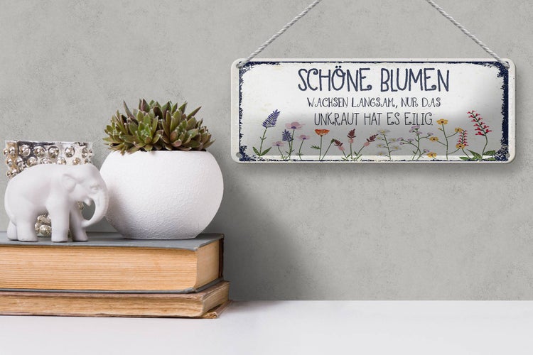 Blechschild Spruch schöne Blumen wachsen langsam 27x10cm Dekoration