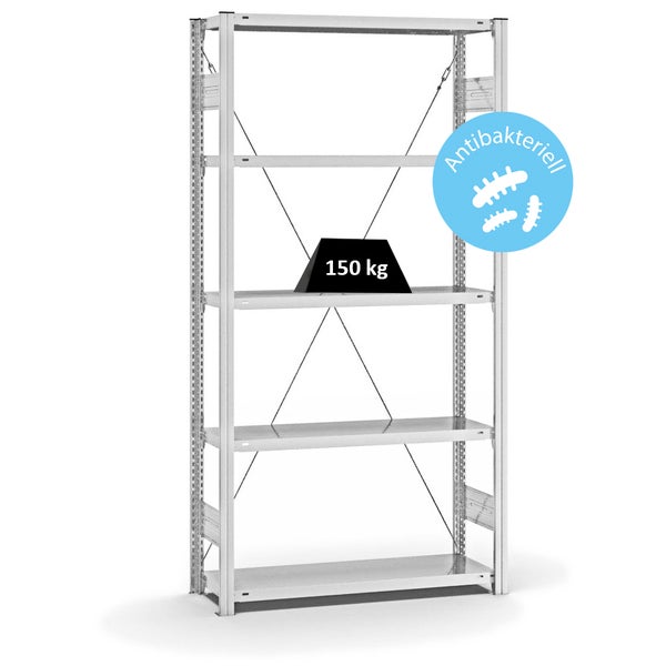 PROREGAL Antibakterielles Fachbodenregal Stecksystem T-Profil HxBxT 200 x 100 x 30 cm 5 Ebenen Traglast 150 kg Antibakterielle Beschichtung Weiß
