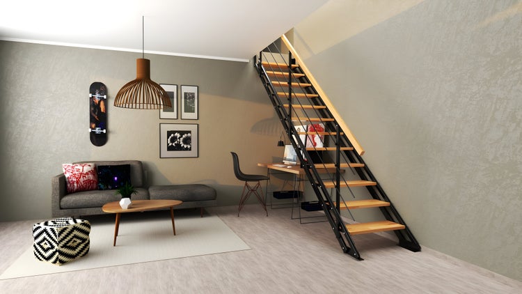 HANDYSTAIRS gerade Treppe „Synth2“ – Metalltreppe (schwarz) mit 6 Kiefernholzstufen – Höhe 856 – 1066 mm