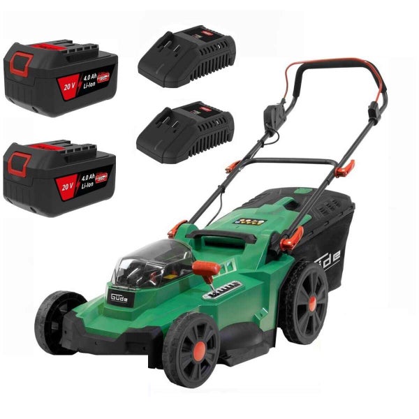 Güde Akku-Rasenmäher inklusive zwei 20 Volt 4.0 Amperestunden Lithium-Ionen Akkus und zwei Ladegeräten.