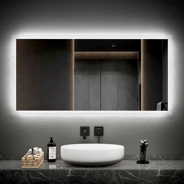 EMKE LED Badspiegel 120×60 cm, Warmweiß/Kaltweiß, seitlicher Kippschalter, beschlagfrei, mattierter Rand, IP44, für Badezimmer