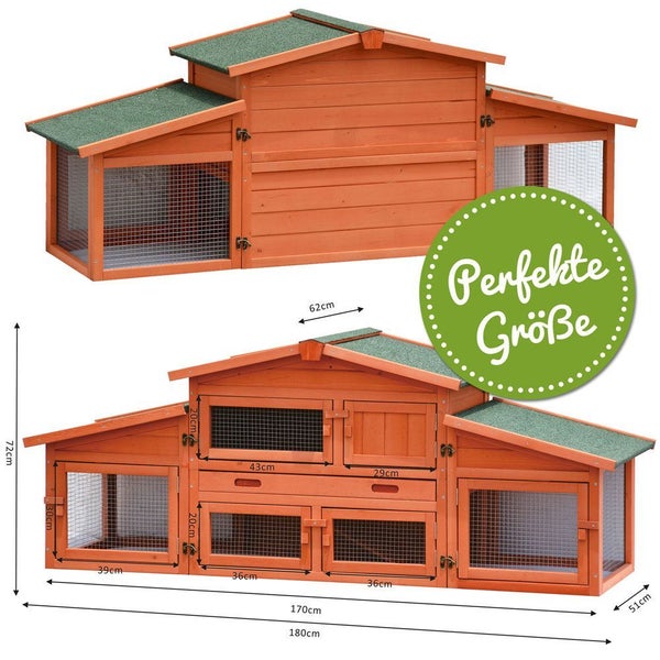 Kleintierstall aus Holz mit grünem Bitumendach und Drahtgitter, Maße 180 mal 72 mal 51 Zentimeter, Siegel für perfekte Größe.
