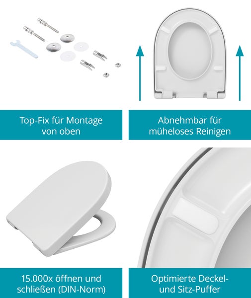 Toilettensitz mit Top Fix Montage, abnehmbar für Reinigung, 15000 Zyklen getestet und optimierten Puffern.