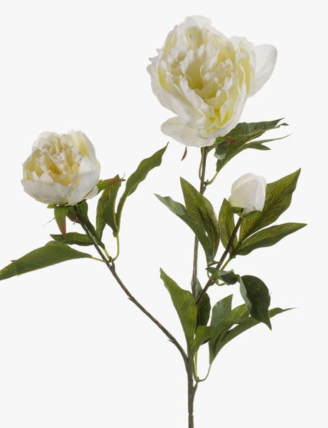 Künstliche Pfingstrose mit zwei cremeweißen Blüten und einer Knospe an einem grünen Stiel mit Blättern.