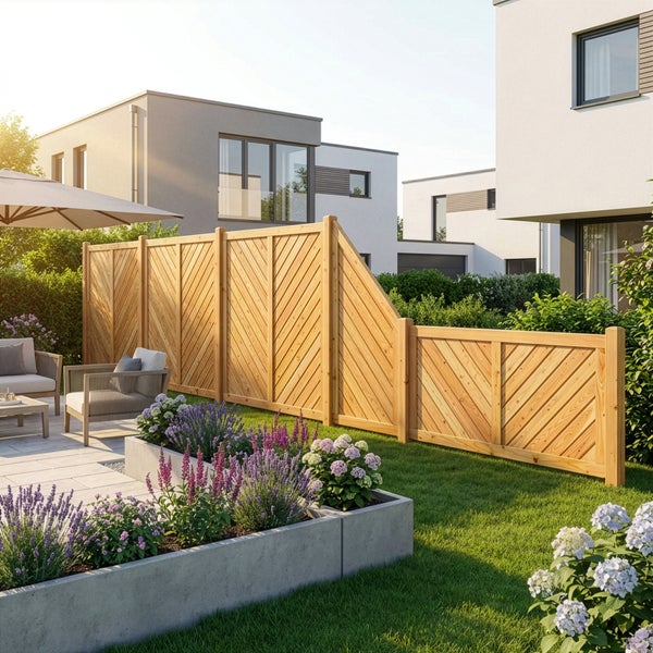 Garten mit Holzzaun, Gartenmöbeln und Blumen