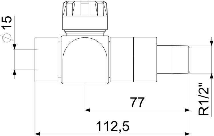 Technische Zeichnung eines Ventils mit Maßen: 112,5 Millimeter Gesamtlänge, Anschluss R ein halb Zoll und Durchmesser 15 Millimeter.