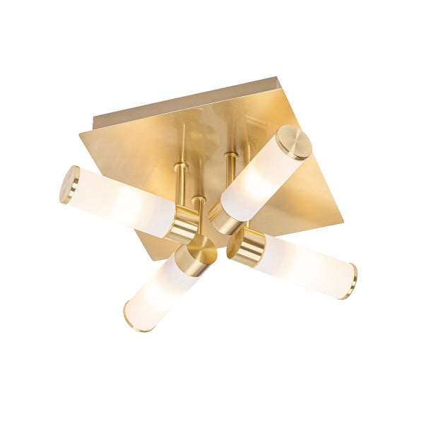 Vierflammige Deckenleuchte mit quadratischer Basis aus Messing und zylindrischen Schirmen aus Glas.