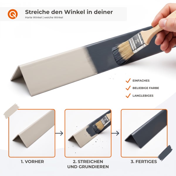 Anleitung zum Streichen von Winkelprofilen in drei Schritten von der Vorbereitung über das Streichen bis zum fertigen Ergebnis.