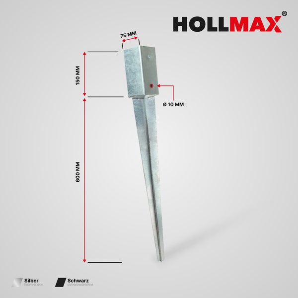 HOLLMAX Logo, Bodenhülse feuerverzinkt, 75 mal 75 Millimeter, Höhe 150 Millimeter, Länge 600 Millimeter, Lochdurchmesser 10 Millimeter.