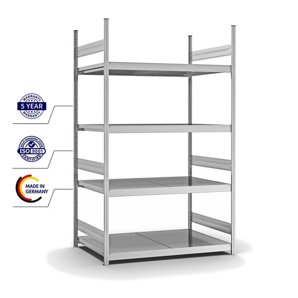 PROREGAL Weitspannregal Stecksystem T-Profil Grundregal HxBxT 250x150x80 cm 4 Ebenen Stahlplatten Fachboden Fachlast 350 kg Verzinkt