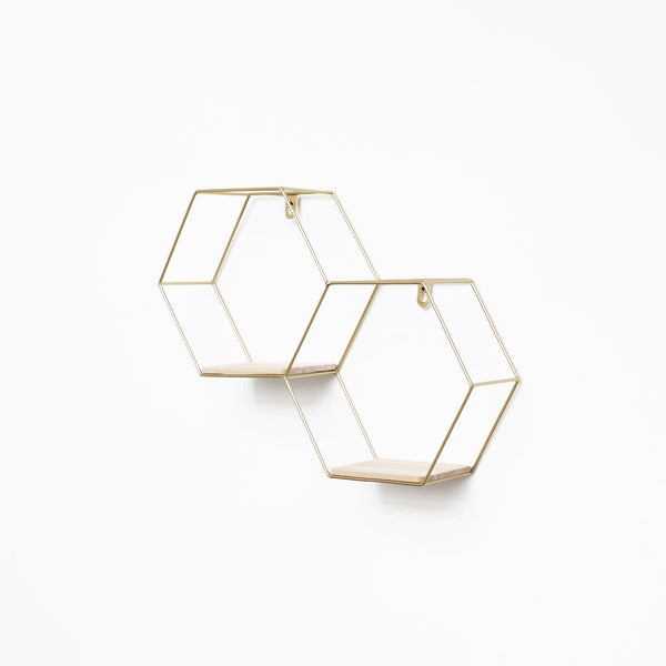 Doppelsechseckiges Wandregal aus Metall - 30,5 x 41 cm - Gold