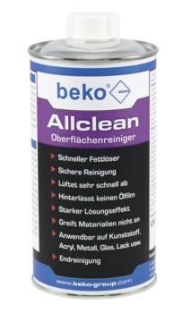 beko Allclean Oberflächenreiniger mit beko Logo in einer Metalldose mit Schraubverschluss, kraftvoller Fettlöser für Kunststoff, Metall und Glas.