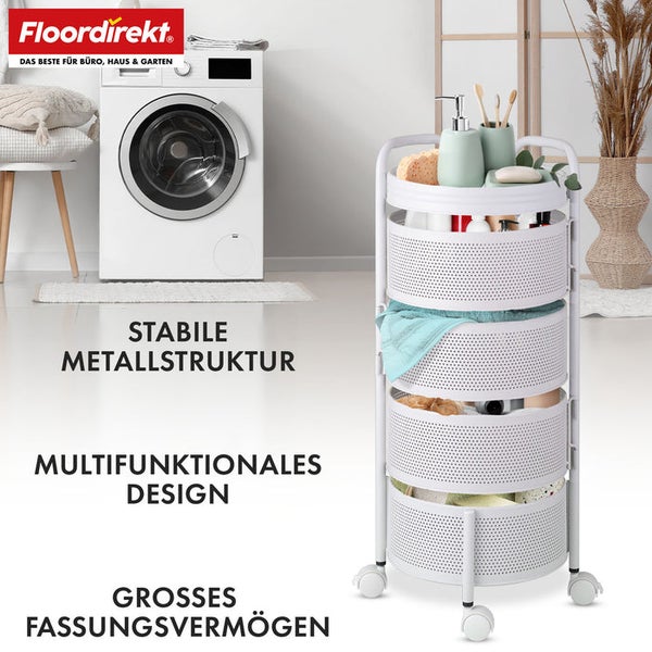 Szene mit weißem, rollbarem Servierwagen aus Metall, Waschmaschine und Dekoration