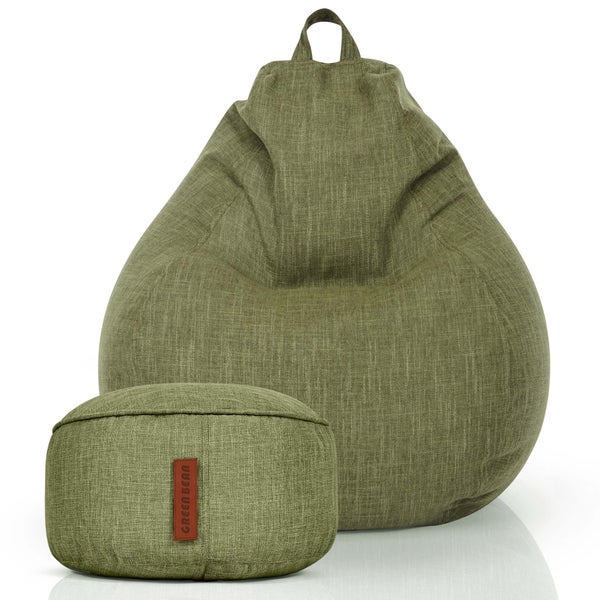 Green Bean 2er Set Indoor XXL Sitzsack + Hocker mit EPS-Perlen Füllung - Fußhocker Fußkissen Sitz-Pouf Bodenkissen Liegekissen Sitzkissen Lounge Chair Sitzhocker Relax-Sessel Bean Bag Grün