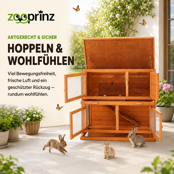 Zooprinz Logo. Zweistöckiger Kaninchenstall aus Holz mit aufklappbarem Dach, Rampe und offenen Türen auf einer Terrasse mit drei Kaninchen.