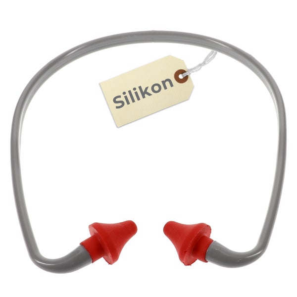 Gehörschutzbügel mit grauer Halterung und roten Silikonstöpseln für effektiven Lärmschutz.