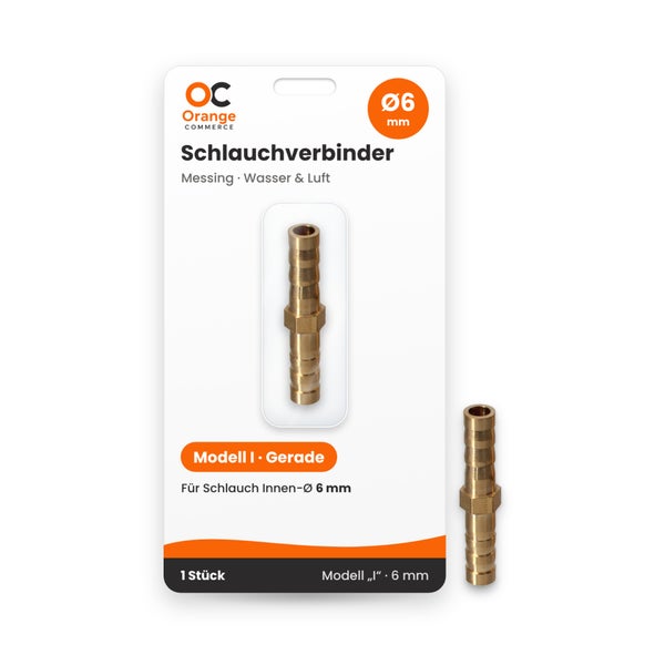 Gerader Schlauchverbinder aus Messing mit 6 Millimeter Durchmesser für Wasser und Luft in der Verkaufspackung von Orange Commerce