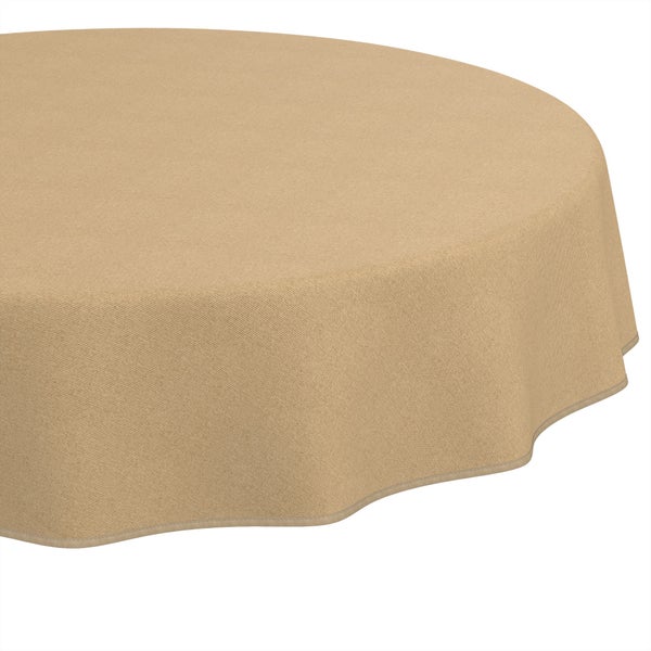 Runde Tischdecke aus Stoff in Beige mit feiner Webstruktur.