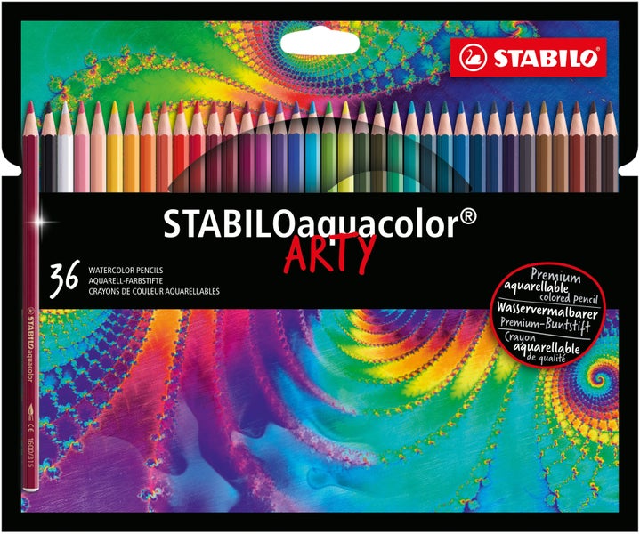 Set mit 36 wasservermalbaren Stabilo Aquacolor Buntstiften in einer Kartonverpackung mit Stabilo Logo.