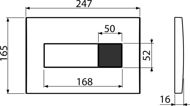 Technische Zeichnung einer Toiletten Betätigungsplatte mit Maßen: Breite 247, Höhe 165, Tiefe 16 Millimeter.