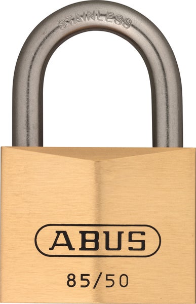 ABUS Vorhängeschloss 85/50 mit Messinggehäuse, Edelstahlbügel und ABUS Logo.