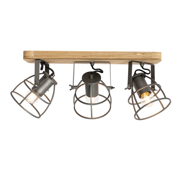 Deckenstrahler mit drei Spots in Gitteroptik an einer rechteckigen Holzplatte im Industrial Design