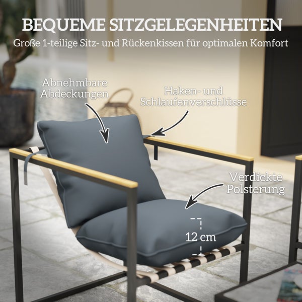 Outsunny Stahl Gartenmöbel Set 4 Personen wetterfest Balkonmöbel-Set mit 2er Sofa 2 Sessel, Sitzkissen, Beistelltisch, Outdoor Sitzgruppe Terrassenmöbel Gartengarnitur für Garten Terrasse Balkon Grau