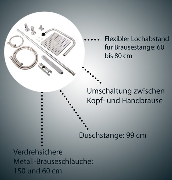 aquaSu® Duschsystem Proda mit Regendusche & Handbrause eckig | Stab-Handbrause & Kopfbrause | je 1 Strahlart | Anti-Kalk Regendusche | Duschgarnitur mit Wandstange und Gleiter | Chrom | 723299
