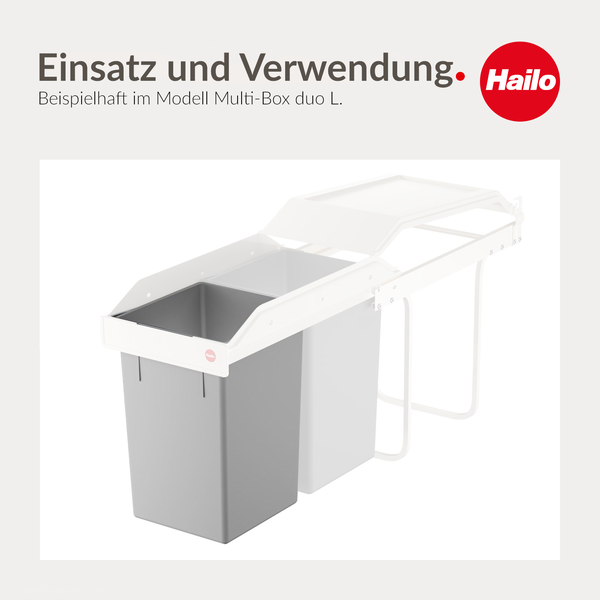 Hailo Multi-Box duo L Abfalltrennsystem mit zwei herausnehmbaren Eimern und Auszugsschienen für Küchenschränke. Hailo Logo.