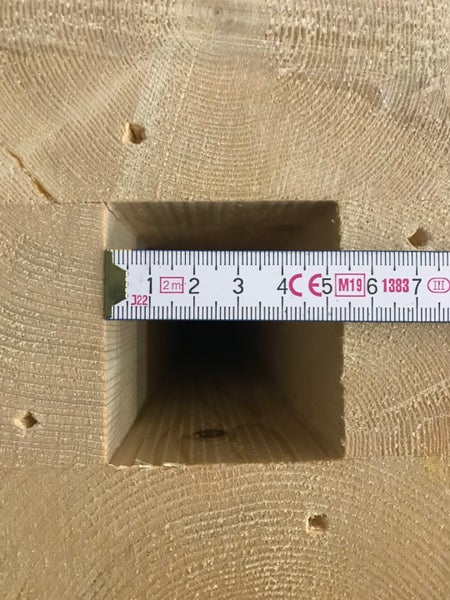 Ein Zollstock misst die quadratische Öffnung im Inneren eines hohlen Holzbalkens. Die Innenmaße betragen circa 4,5 Zentimeter.