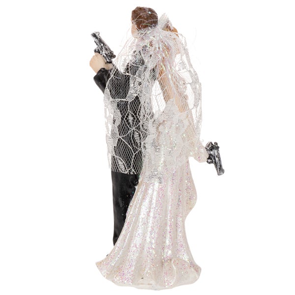 Tortenfigur Brautpaar mit Pistolen, Rückenansicht, Braut im Glitzerkleid mit Schleier, Bräutigam im Anzug.