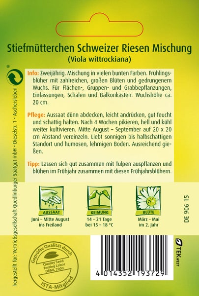 Rückseite der Samentüte für Stiefmütterchen Schweizer Riesen Mischung mit Hinweisen zu Aussaat, Pflege, Standort und Qualitätssiegeln.
