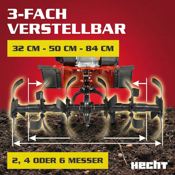 Hecht Motorhacke mit dreifach verstellbarer Arbeitsbreite von 32 cm bis 84 cm und 2, 4 oder 6 Messern
