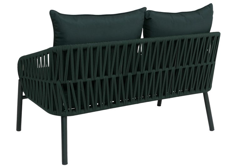Gartensofa zwei Sitzer mit Seilgeflecht und Rückenkissen.