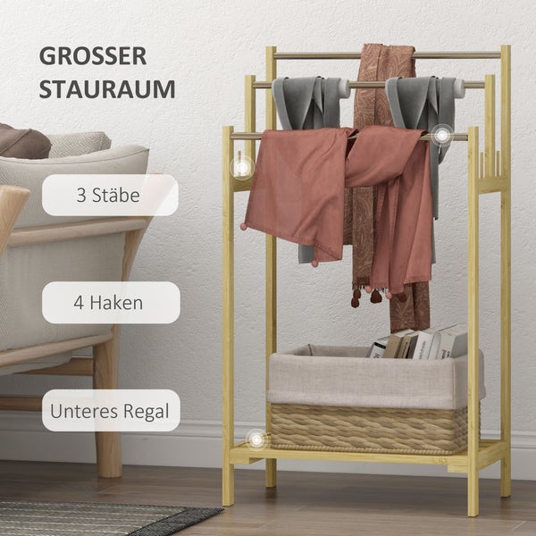 Handtuchhalter aus Bambus mit drei Stangen, vier Haken und einer unteren Ablage für zusätzlichen Stauraum.