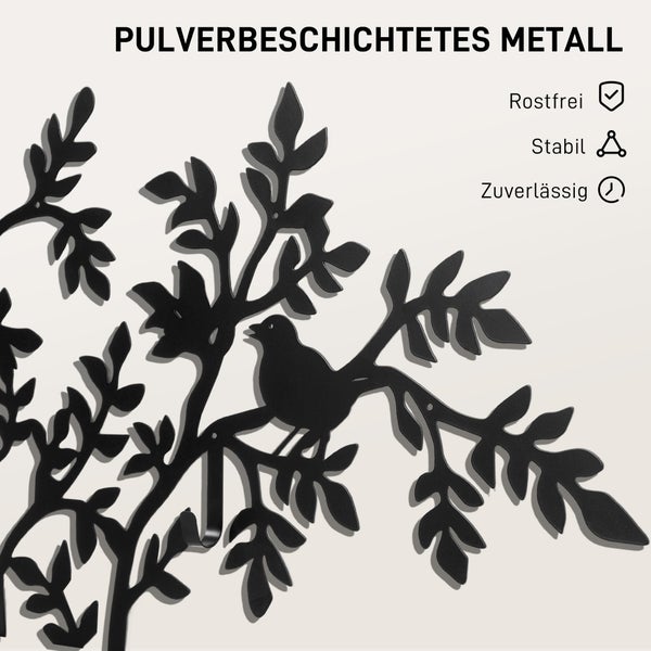 Wanddekoration aus pulverbeschichtetem Metall mit Vogel- und Zweigmotiv, rostfrei, stabil und zuverlässig.