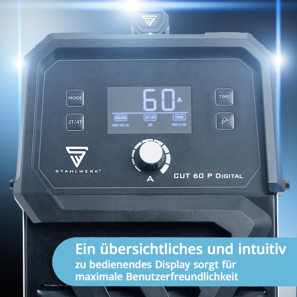 Bedienfeld des Stahlwerk CUT 60 P Digital Plasmaschneiders mit Display, Knöpfen und Drehregler