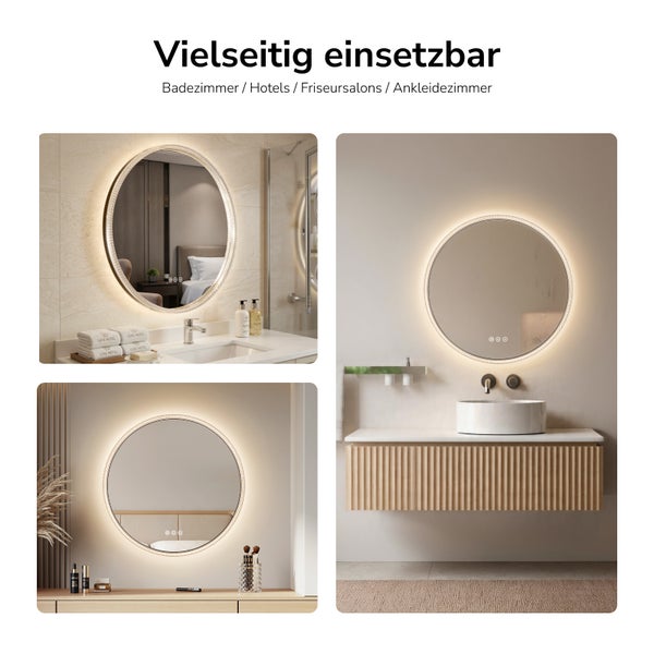 Runder Badezimmerspiegel mit LED-Beleuchtung und Touch-Funktion in verschiedenen Räumen wie Badezimmer und Ankleidezimmer.