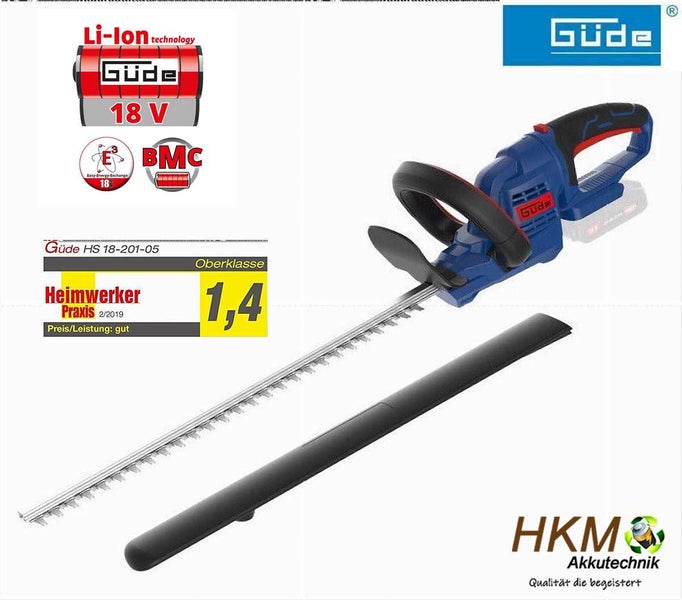 Akku-Heckenschere Güde HS 18-201-05 mit 18 Volt Lithium-Ionen-Akku, Messerschutz, Testurteil 1,4 und Güde Logo.