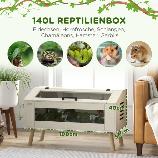 Helle Reptilienbox aus Holz, PawHut Logo, 140 Liter, 100 mal 50 mal 40 Zentimeter. In hellem Wohnzimmer neben Pflanze und Sessel stehend.