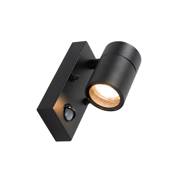 Schwarze Außenwandleuchte mit verstellbarem zylindrischem Strahler und integriertem Bewegungsmelder.